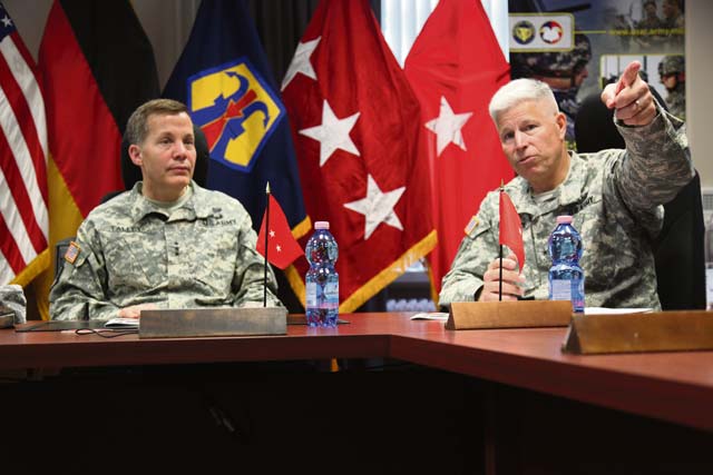 Photo by Sgt. 1st Class Matthew Chlosta Chief of the Army Reserve Lt. Gen. Jeffrey Talley (left), listens to 7th Civil Support Command Commanding General Brig. Gen. Arlan M. Deblieck during a meeting with the unit's senior leadership at 7th CSC headquarters June 2.