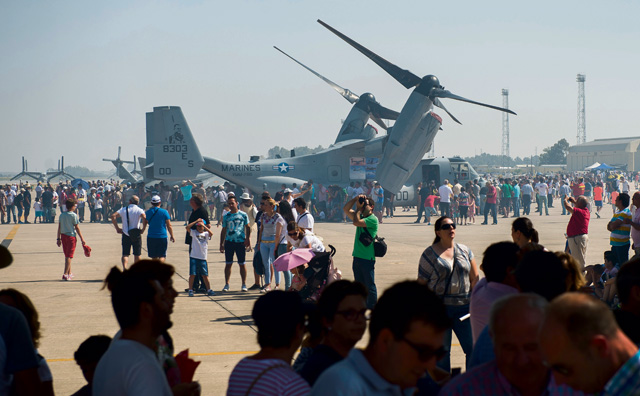 Attendees of an open house gather around a U.S. Marine MV-22B Osprey, May 31 at Morón Air Base, Spain. The two-day event was held to celebrate Morón’s 75th anniversary. Visitors had the opportunity to see static displays from both countries’ armed forces, such as the Eurofighter Typhoon, P-3 Orion and MV-22B Osprey.