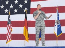 Chief Master Sgt. of the Air Force James A. Cody meets with Airmen during an all-call June 15 on Ramstein. Cody answered Airmen’s questions regarding Air Force standards, new processes and entitlements.