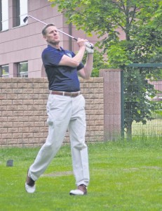 Maj. Gen. John R. O’Connor, the commanding general of the 21st Theater Sustain-ment Command, takes a swing during the farewell golf scramble held in his honor June 8 at Woodlawn Golf Course on Ramstein Air Force Base.