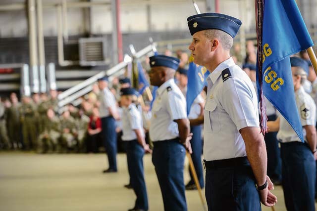 Photo by Senior Airman Nicole Sikorski  Group commanders stand at the front of a formation during the 86th Airlift Wing change of command ceremony June 19 on Ramstein. Brig. Gen. Patrick X. Mordente relinquished command to incoming commander, Brig. Gen. Jon T. Thomas.