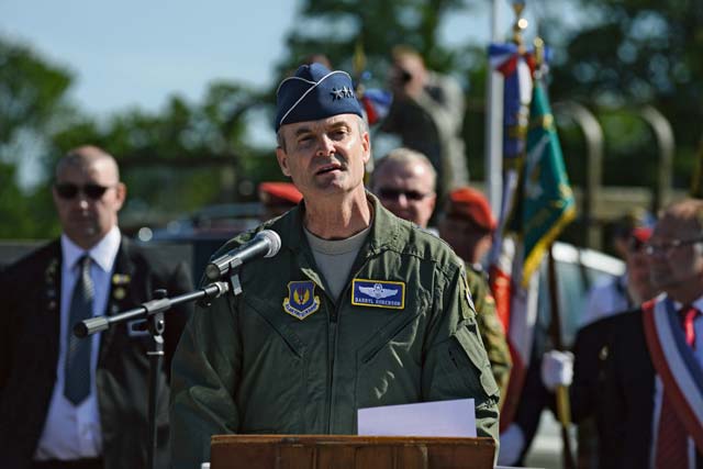 U.S. Air Force Lt. Gen. Darryl Roberson, 3rd Air Force and 17th Expeditionary Air Force commander, speaks during a memorial ceremony at the Picauville 9th Air Force monument. The task force, based in Saint Mere Eglise, France, supported local events across Normandy June 2 through June 8 to commemorate the selfless actions of the Allies on D-Day that continue to resonate 71 years later.