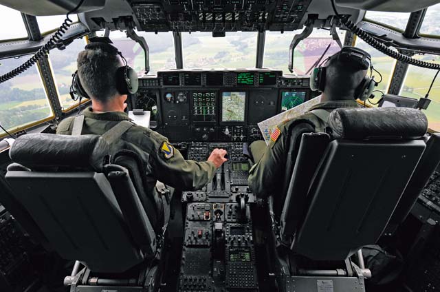 Mordente and Maj. Jonathan Cato, 37th Airlift Squadron C-130J Super Hercules pilot, fly over the German countryside during Mordente’s final flight.