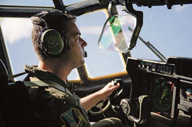 Maj. Joey Lubbers, 435th Air Ground Operations Wing pilot, flies a C-130J Super Hercules during a jump day at Lielvarde Air Base, Latvia, June 15.