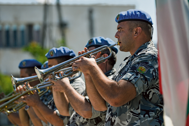 Bulgarian air force bandsmen play the Bulgarian national anthem for the arrival of Nikolay Nankov Nenchev, Republic of Bulgaria minister of defense, July 16 at Krumuvo Air Base, Bulgaria. During his visit to Krumuvo, Nenchev met with U.S. and Bulgarian leaders to speak about their partnership in the ongoing NATO exercise. The U.S. values the shared commitment and close cooperation with its partners on countering a range of regional and global threats.