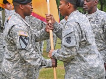 The 21st Theater Sustainment Command Color Guard and members of the Special Troops Battalion participate in a change of responsibility ceremony July 14 on Panzer Kaserne.
