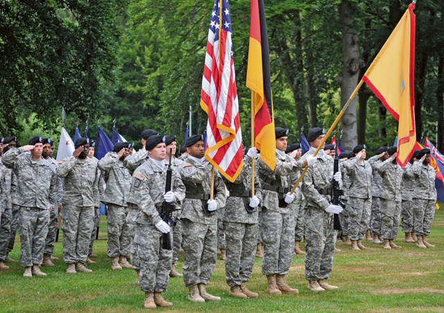 The 21st Theater Sustainment Command Color Guard and members of the Special Troops Battalion participate in a change of responsibility ceremony July 14 on Panzer Kaserne.