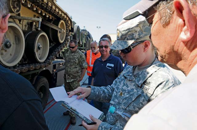A team of technical experts including personnel from the 21st Theater Sustainment Command, the U.K., the German army, U.S. military equipment manufacturers and even the German Technical Inspections Organization compare notes after several tractor trailer combinations were tested with both an M1A1 Abrams tank and an M-88 tracked recovery vehicle during a heavy equipment transport interoperability test at Coleman Barracks in Mannheim July 24.