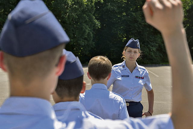 Abigail Murray, Civil Air Patrol cadet, answers another cadet’s question in a drill and ceremony test during the CAP’s 2015 European Summer Camp June 24 on Ramstein.