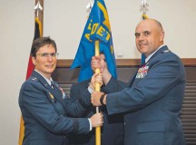 Photo by Senior Airman Nicole Sikorski
Maj. Gen. Theresa Carter, Air Force Installation and Mission Support Center commander, presents the unit’s guidon to Col. Steven Sweeney as he takes command of AFIMSC Detachment 4 Aug. 4 on Ramstein. Sweeney assumed command from Col. Andra Clapsaddle, who will be leaving Ramstein for her new assignment at AFIMSC headquarters, Joint Base San Antonio, Texas.