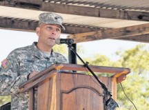 Photos by Staff Sgt. Brian Kimball 
U.S. Army Brig. Gen. Peter Corey, deputy commander of U.S. Army Africa, speaks to a crowd during the opening day ceremony for exercise Southern Accord 15 Aug. 4 in Lusaka, Zambia.