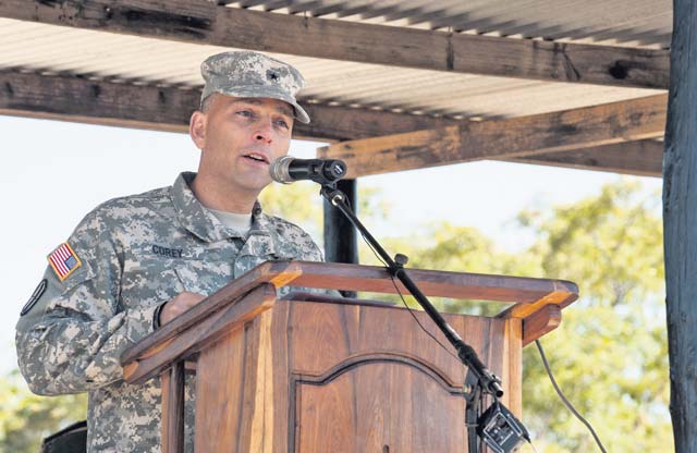 Photos by Staff Sgt. Brian Kimball  U.S. Army Brig. Gen. Peter Corey, deputy commander of U.S. Army Africa, speaks to a crowd during the opening day ceremony for exercise Southern Accord 15 Aug. 4 in Lusaka, Zambia.