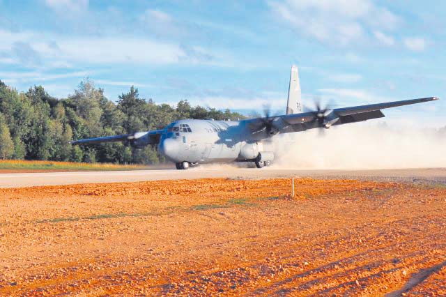 An 86th Airlift Wing C-130J Super Hercules aircraft comes to a stop July 29 at Hohenfels Training Area. The aircraft was used to test the capabilities of the recently resurfaced and extended short takeoff and landing strip at Hohenfels, the only dirt airstrip in Germany.
