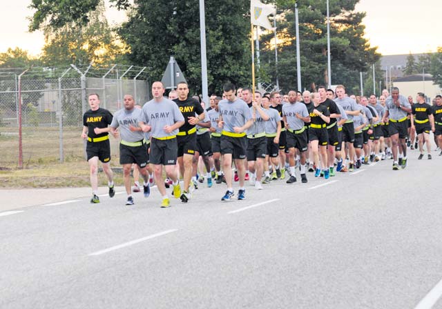 Photo by Staff Sgt. Warren W. Wright Jr. Soldiers from the 21st Theater Sustainment Command’s Special Troops Battalion participate in an esprit de corps run as a part of Millrinder Day events Aug. 6.  Each month, Soldiers with the 21st TSC participate in Millrinder Day in order to build unit cohesion through activities such as the unit run, wearing the “Class A” or “Class B” uniforms and conducting uniform inspections.