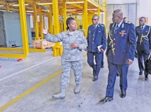 Tech. Sgt. Stephanie Brown, 86th Logistics Readiness Squadron aircraft parts store NCOIC, briefs members of the Ghanaian air force during a tour Aug. 18 on Ramstein. The 435th Contingency Response Group and the 86th LRS provided the tour to inform partner nations on key areas of maintaining airlift fleets.