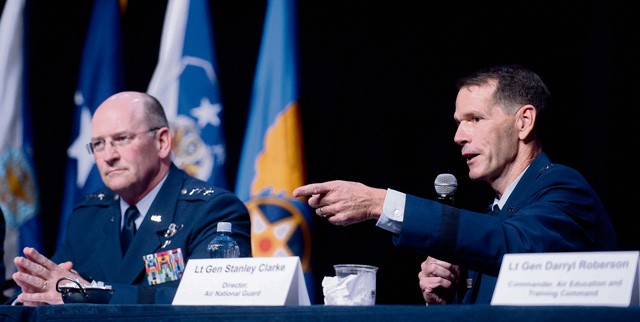 Lt. Gen. Stanley E. Clarke III, the Air National Guard director, answers questions with fellow major command panelists during a Q-and-A session at Air Force Association's Air and Space Conference and Technology Exposition Sept. 16 in Washington, D.C.
