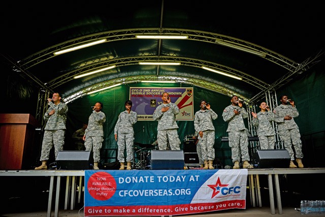 The U.S. Army Europe Band and Chorus performs during the opening ceremony of the Combined Federal Campaign-Overseas kickoff Sept. 15 on Vogelweh. The kickoff included a performance by the band, cake cutting, a bubble soccer game and an awards presentation for the winning soccer team.