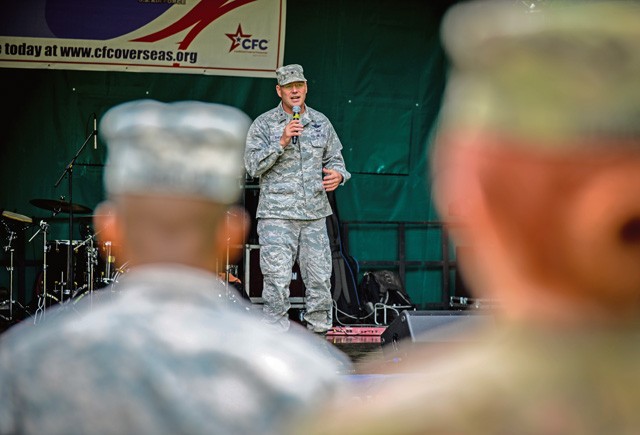 Brig. Gen. Jon T. Thomas, 86th Airlift Wing commander, speaks at the opening ceremony of the Combined Federal Campaign-Overseas kickoff Sept. 15 on Vogelweh. The CFC-O holds an annual fundraiser that helps commanders improve quality-of-life programs for service members.