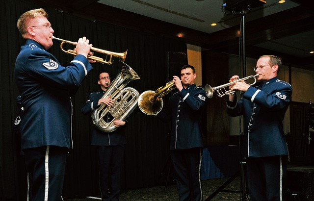 The U.S. Air Forces in Europe Band performs “Ruffles and Flourishes” during the Air Force Ball Sept. 12 on Ramstein. Team Ramstein celebrated the Air Force’s 68th birthday by paying homage to the 25th anniversary of Operation Desert Storm.