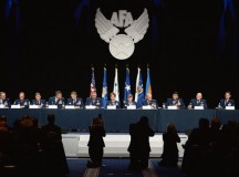 Air Force Chief of Staff Gen. Mark A. Welsh III and Chief Master Sgt. of the Air Force James A. Cody introduce major command panelists during a question and answer session at Air Force Association's Air and Space Conference and Technology Exhibition, Sept. 16, 2015, in Washington, D.C.   (U.S. Air Force photo/Scott M. Ash)