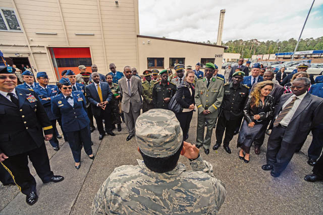 U.S. Air Force Lt. Col. Erwin Gines, 86th Medical Group chief nurse, briefs NATO officers on U.S. Air Force and Army medical evacuation procedures Aug. 25 on Ramstein. More than 60 NATO officers from around the globe attended a medical response demonstration which exhibited the U.S. Air Force's and Army’s rapid medical and casualty evacuation abilities.