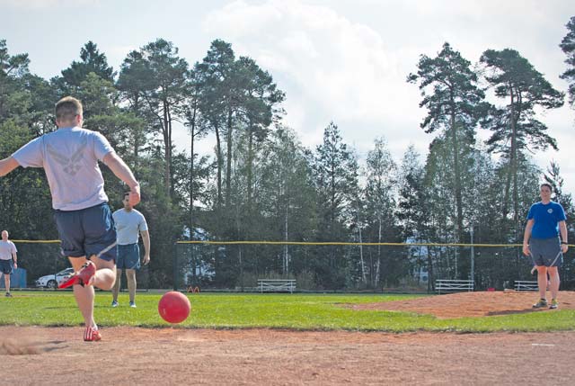 Airmen compete in a kickball tournament during the Commander’s Challenge Sept. 9 on Ramstein. The 86th Security Forces Squadron took first place in the kickball tournament this year.