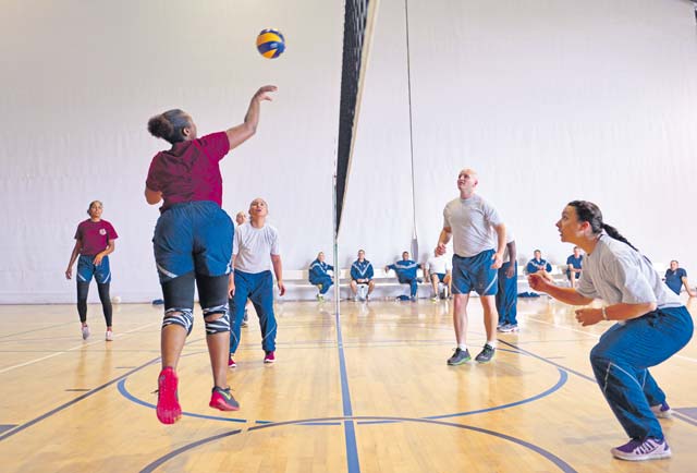 Airmen from Team Ramstein compete in a volleyball match during the Commander's Challenge Sept. 9 on Ramstein. The Commander's Challenge was part of the 86th Airlift Wing’s Resilience Day and also included basketball, soccer, dodgeball, tug-of-war, a tricycle relay and hula hoop events.