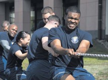 Airmen from the 86th Comptroller Squadron work together during a game of tug-of-war for the Commander’s Challenge Sept. 9 on Ramstein. The 86th Airlift Wing staff agencies and 86th CPTS placed second overall in the Commander’s Challenge.