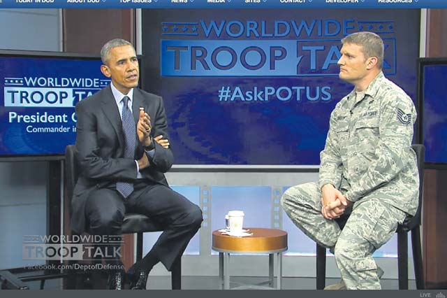Courtesy photo of the Department of Defense President Barack Obama holds a Worldwide Troop Talk Sept. 11 from Fort Meade, Md.