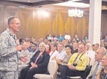 Brig. Gen. Jon T. Thomas, 86th Airlift Wing commander, speaks to teachers, school administrators and support staff from the KMC during a teacher forum Aug. 27 on Ramstein. More than 600 teachers from 11 Department of Defense Dependents Schools attended.