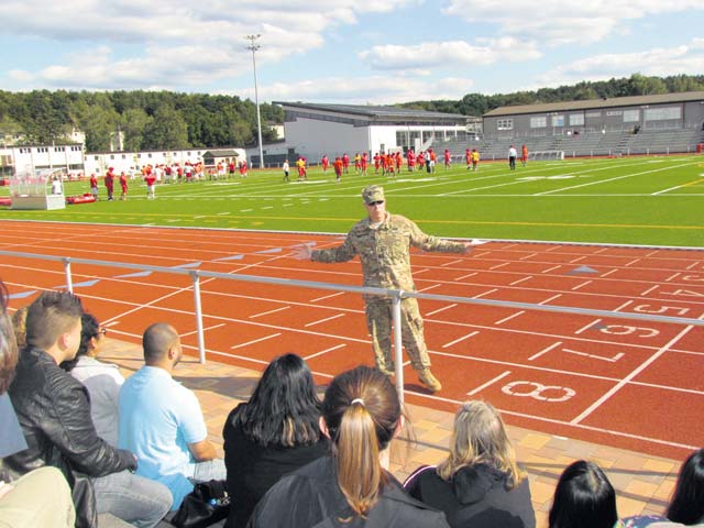 Courtesy photos Brig. Gen. Arlan DeBlieck, commanding general of the Army Reserve’s 7th Civil Support Command, speaks to students, parents and teachers Sept. 10 at Kaiserslautern High School’s open house.