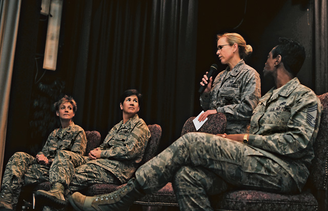 Col. Laura Johnson, 86th Civil Engineer Group commander, answers questions during a Women’s Equality Day leadership panel, Aug. 26 on Ramstein. Four of Ramstein’s female leaders spoke about how the women who came before them paved the way to allow them to be as successful as they are today.