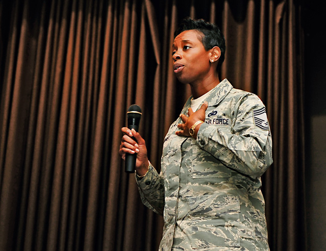 Chief Master Sgt. Tamar Dennis, Kisling NCO Academy commandant, speaks to Airmen during a Women’s Equality Day leadership panel, Aug. 26 on Ramstein.