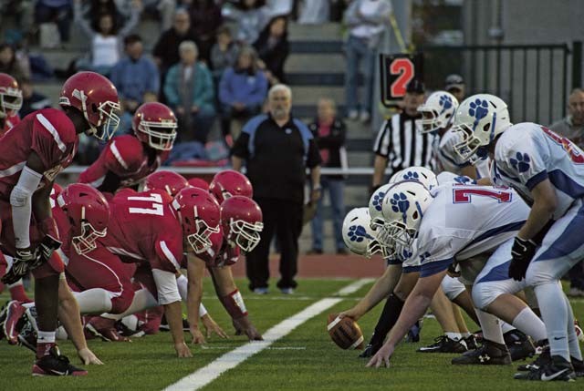 Kaiserslautern Raiders and Ramstein Royals face-off during the first quarter Sept. 25 on Vogelweh. After a slow start, the Royals came back to win 27-14.