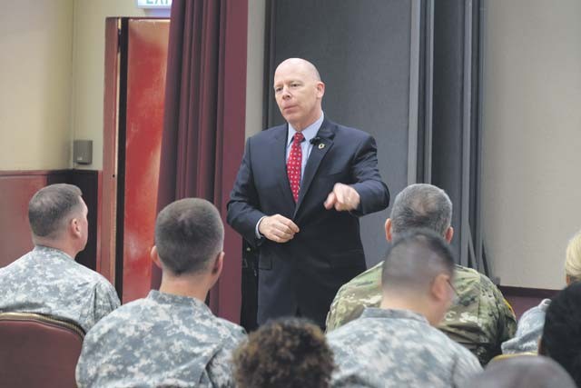 Courtesy photo James Balocki, command executive officer for the U.S. Army Reserve, speaks with Soldiers and civilians from the 7th Mission Support Command during a town hall Oct. 22 on Daenner Kaserne. He visited with multiple civilian and military leaders during his weeklong trip.
