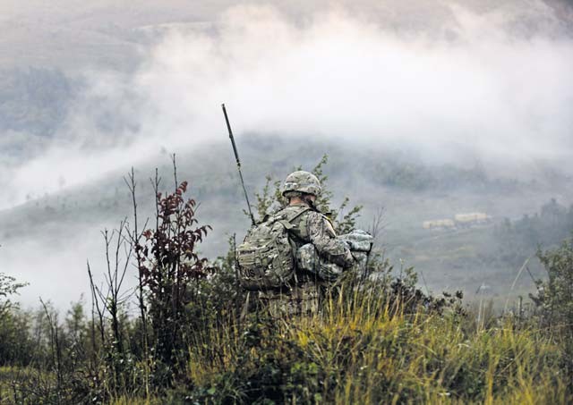 A U.S. Army Soldier from the 2nd Battalion, 503rd Infantry Regiment moves into position during a live-fire exercise Oct. 16 at Pocek Training Range near Postojna, Slovenia. The 2-503rd joined Slovenian army units as well as 435th Air Ground Operations Wing Airmen during exercise Rock Proof V, designed to provide a realistic environment to train, enhance and develop skills of both nations' militaries.