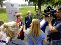 Courtesy photo
(Left to right) Local media conducts interviews Sept. 17 with Deputy Mayor of Karlovac Marina Kolakovic, U.S. Embassy Zagreb Deputy Chief of Mission (Charge d'Affaires) Margaret Nardi and the Commander of Croatian Land Forces Lt. Gen. Mate Ostovic in front of the sign that dedicates the contribution the United States European Command has made through their Humanitarian Assistance program.