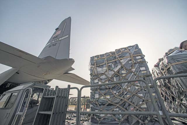 Equipment is unloaded from a C-130J Super Hercules assigned to Little Rock Air Force Base Sept. 15 at Diyarbakir Air Base, Turkey.