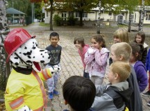 Courtesy photos
Firefighters Carsten Beberich, Patrick Stephan and Marcel Kolb visited Landstuhl Elementary and Middle School recently to talk about fire safety. Students in Julie Wittenberg’s class were excited and captivated by Sparky the Fire Dog.