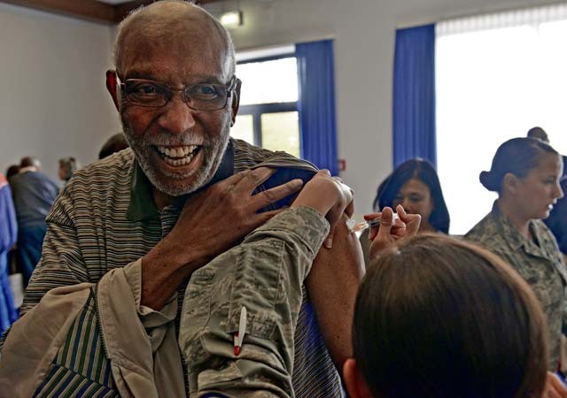 Ira Costels receives a flu shot during the Retiree Appreciation Day event Oct. 13 on Ramstein. The event served as an opportunity for Ramstein to thank U.S. military veterans living in Germany.