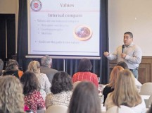 Cesar Alvarez, 86th Airlift Wing master resilience trainer, discusses how individual values play a role in accomplishing personal goals during resilience training for military spouses Oct. 6 on Ramstein. The event’s goal was to teach spouses Comprehensive Airman Fitness, the Air Force program that links resilience to maintaining mental, physical, social and spiritual fitness.