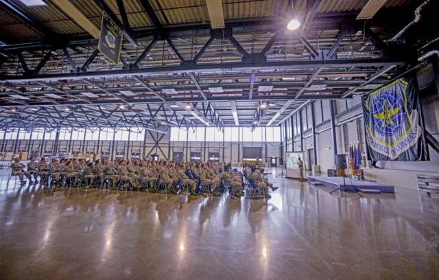 Maj. Gen. Frederick H. "Rick" Martin, U.S. Air Force Expeditionary Center commander, speaks to Airmen from the 721st Aerial Port Squadron Oct. 13 on Ramstein. During his visit to Ramstein, Martin met with Airmen from the 521st Air Mobility Operations Wing.