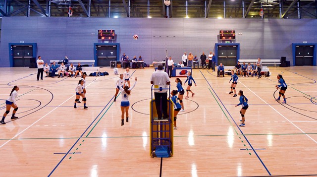 The Incirlik Hodjas, in white jerseys, compete against the Ansbach Cougars during the Department of Defense Dependents Schools Europe volleyball championships Nov. 7 on Ramstein. Twenty-six teams from three divisions competed in the DODDS European volleyball championships. The DODDS school system is designed for military children residing overseas.
