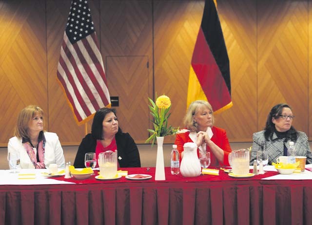 Hollyanne Milley, wife of Gen. Mark Milley, chief of staff of the Army (center-right), attends a forum about the new format of the Army Family Action Plan on Sembach Kaserne during her tour through the Kaiserslautern area Oct. 29. Other participants pictured (left to right): Michelle Deblieck, Sandra Gamble and Kim Formica. The forum was one stop for Milley during her tour in which she visited a number of Army agencies in the Kaiserslautern and U.S. Army Europe area. 