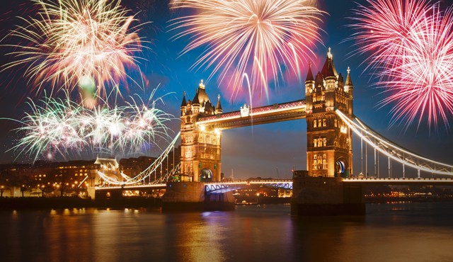 Photo by melis/Shutterstock.com Fireworks at the Tower Bridge crossing the River Thames in London, England. 