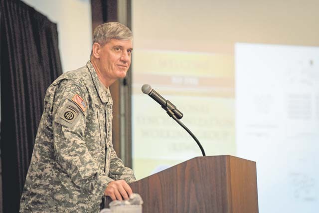 U.S. Army Gen. David M. Rodriguez, U.S. Africa Command commander, gives his opening comments during the kickoff for the annual Regional Synchronization Working Group conference Oct. 26 on Ramstein. The conference kicked off the five-day event that invited more than 200 U.S. service members and NATO partners to come together and discuss future planning for AFRICOM.