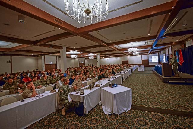 U.S. Army Gen. David M. Rodriguez, U.S. Africa Command commander, gives his opening comments during the kickoff of the annual Regional Synchronization Working Group conference Oct. 26 on Ramstein. More than 200 U.S. service members from AFRICOM and NATO partners attended the conference to align their focus and meet the intent of the theater campaign plan.