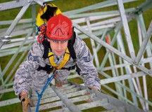 Staff Sgt. Ivan Guerrero, 1st Communications Maintenance Squadron cable and antenna systems technician, climbs a telephone tower Oct. 9 on Ramstein. The 1st CMXS Airmen attended Specialized Technical Aided Rescue Training, which encompasses multiple ways to rescue a telephone tower fall victim.