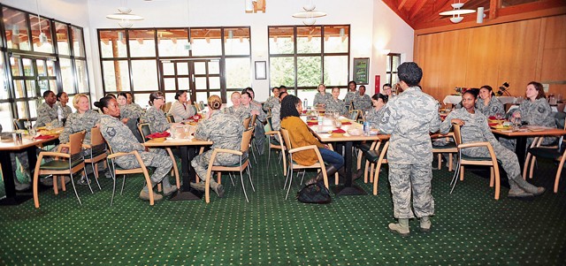 Airmen speak about what they’re thankful for during a Let’s Connect forum Nov. 10 on Ramstein. Let’s Connect encourages females to form bonds to build camaraderie and resilience. Though it is geared toward women, men are also welcome to join and seek to understand military life from a woman’s perspective.