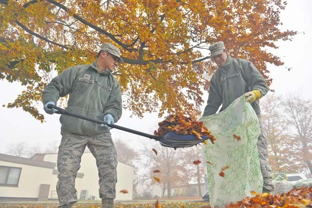 Staff Sgt. Tenzin Choegoyab and Airman 1st Class Ahmad Yehudah, both 86th Airlift Wing Command Post emergency action controllers, scoop up leaves during Base Pride Day Nov. 3 on Ramstein. Airmen and civilians around Ramstein were tasked to clean around their working areas during the biannual occasion. The two-day event gave base personnel time to beautify the base by picking up trash and raking leaves. 